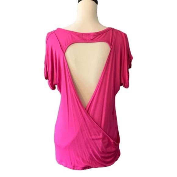 Pink Lotus Pink SS Shirt "Dreams don't work..." Open Faux Wrap Back Size Large - Picture 3 of 5